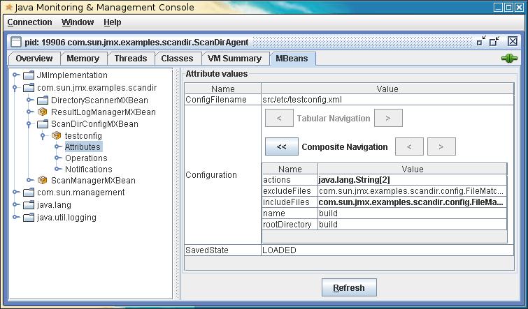 jconsole MBean tab: ScanDirConfigMXBean