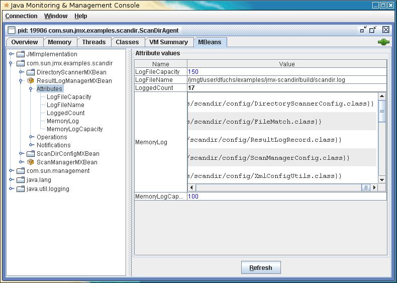 jconsole MBean tab: ScanDirConfigMXBean